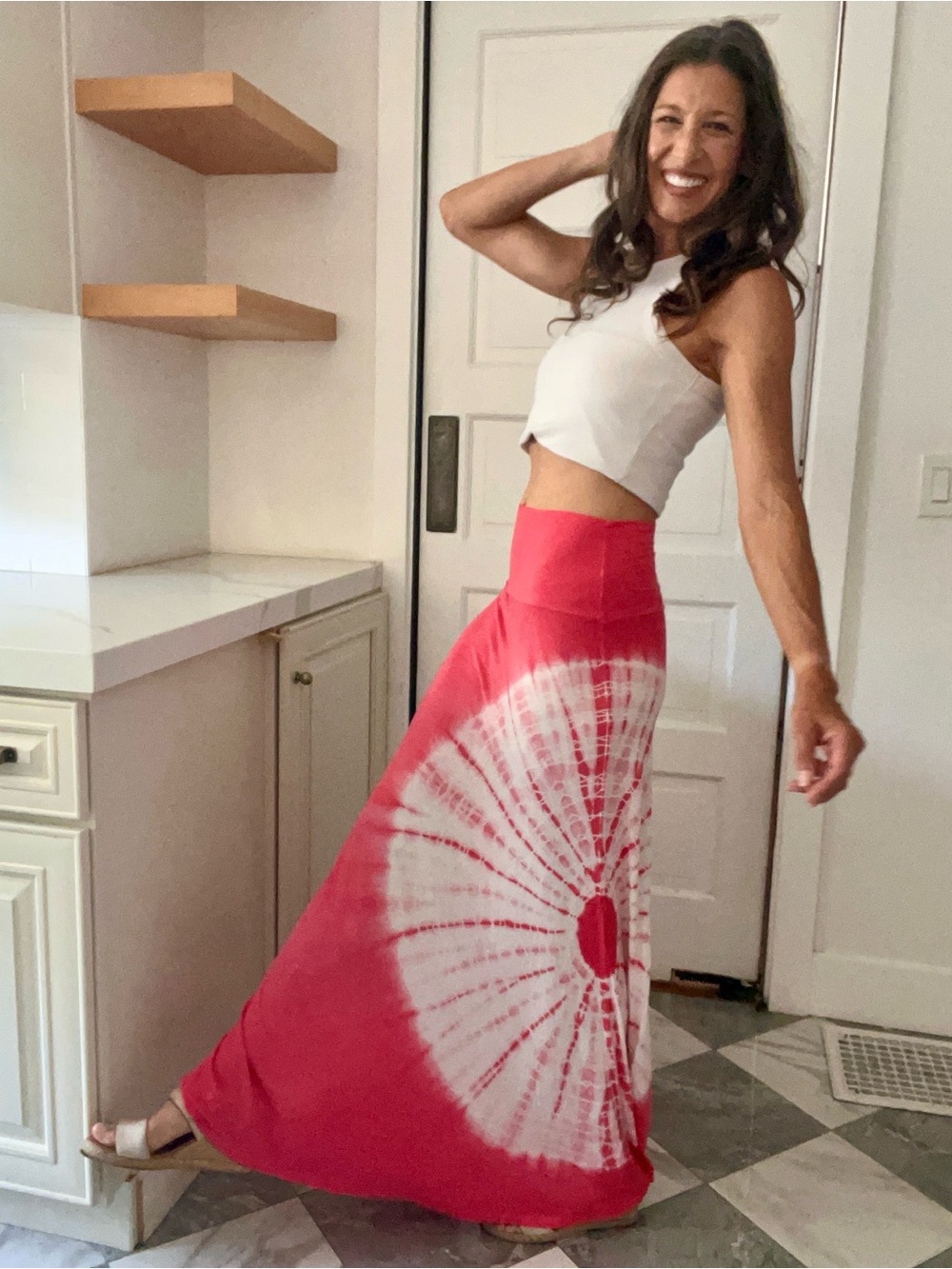 🪸 Daisies M Coral White Tie Dye Maxi Skirt Boho Festival Y2K Made in USA